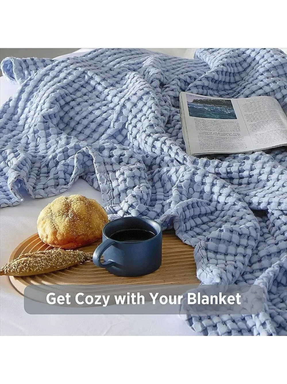 COTTON Waffle Weave Bamboo Blanket King Size Navy Soft Lightweight Bed Blanket - Picture 4 of 6